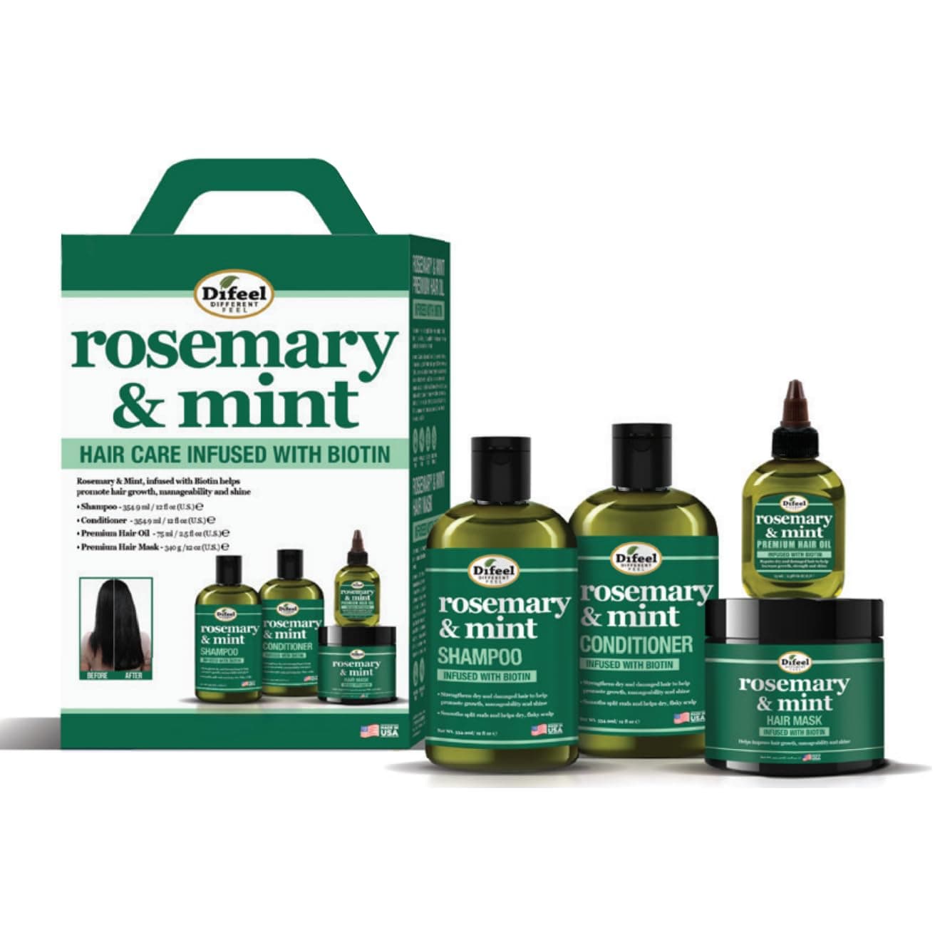 Difeel Rosemary & Mint Biotin 4-PC Box Set: Shampoo 354ml, Conditioner 350ml Hair Mask 340g, Hair Oil 75ml