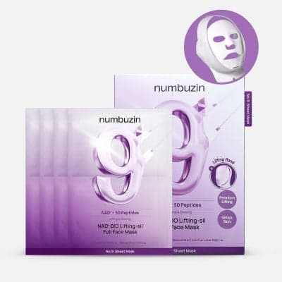 Numbuzin No.9 Sheet Mask NAD+ BIO Lifting-sil Full Face Mask Improves Jawline, Jowls, Wrinkles, Neck Lines Peptides, NAD+, Collagen Skin Firmness 4 Sheets + Lifting Band
